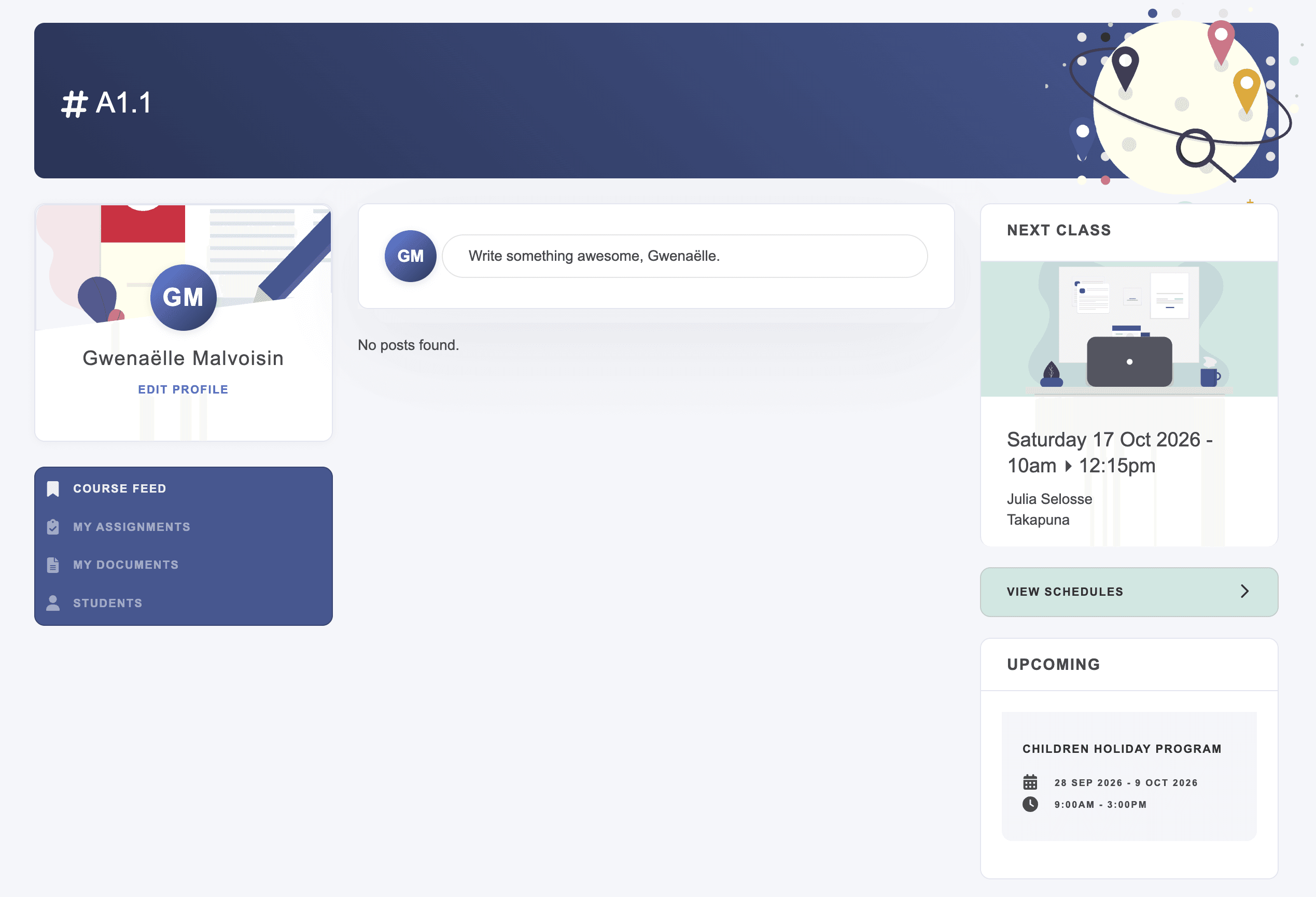 Your course dashboard in the Student Portal: your course number at the top, your profile, the Course Feed, your next class with times and teacher, and upcoming events