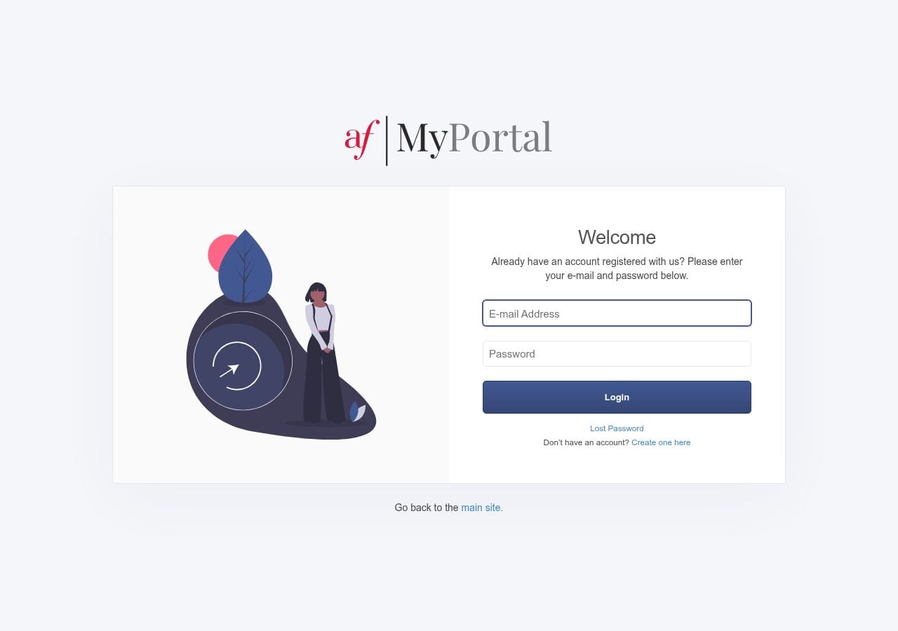 The af | MyPortal login page: a Welcome box asking for your e-mail address and password, with a Login button, a Lost Password link and a link to create an account